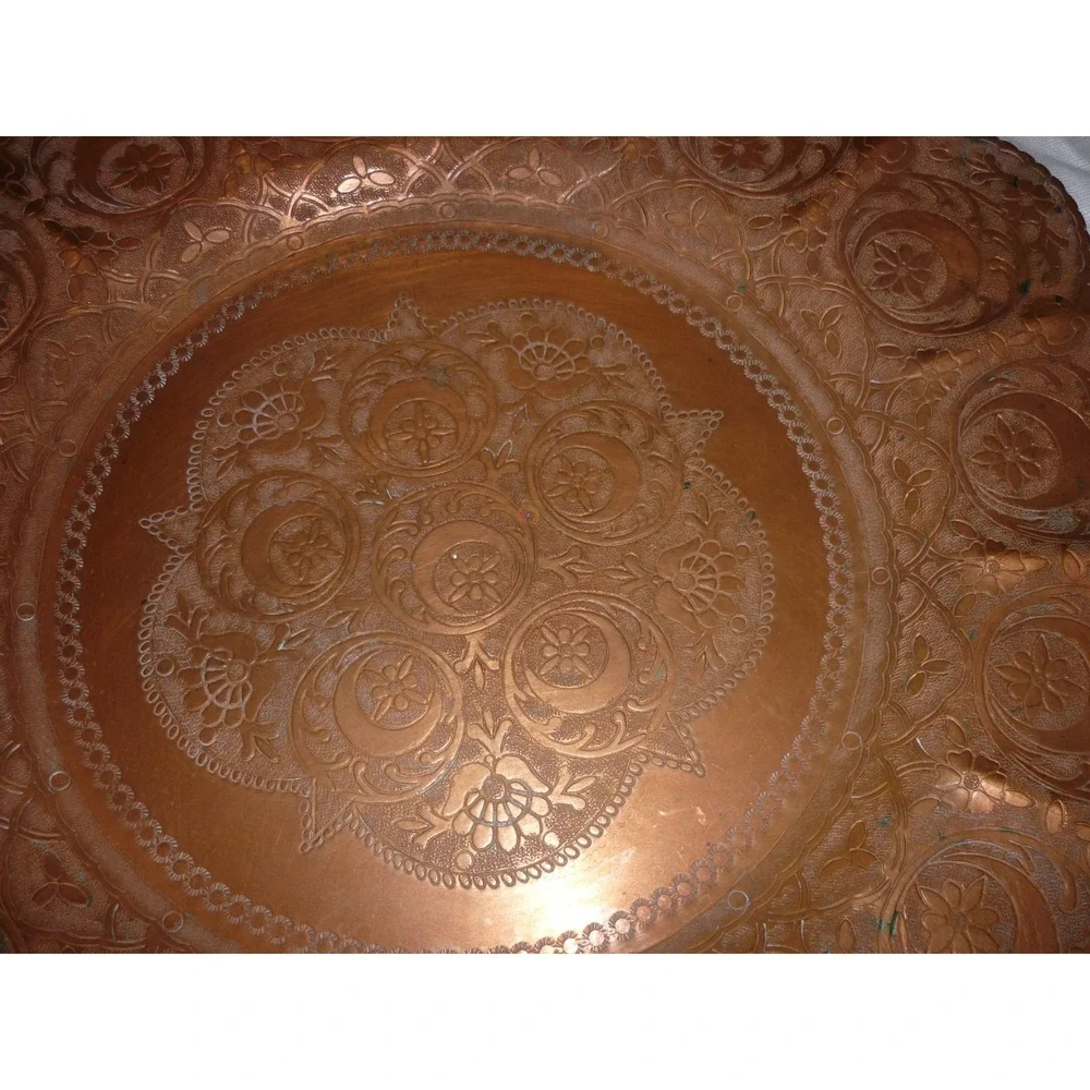 Vintage Hand Hammered Etched Copper Plate Floral‎ Moon Star Scalloped 12 Inch